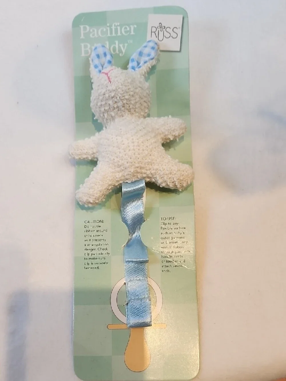 Russ Cream Bunny Pacifier Buddy with Blue Accents